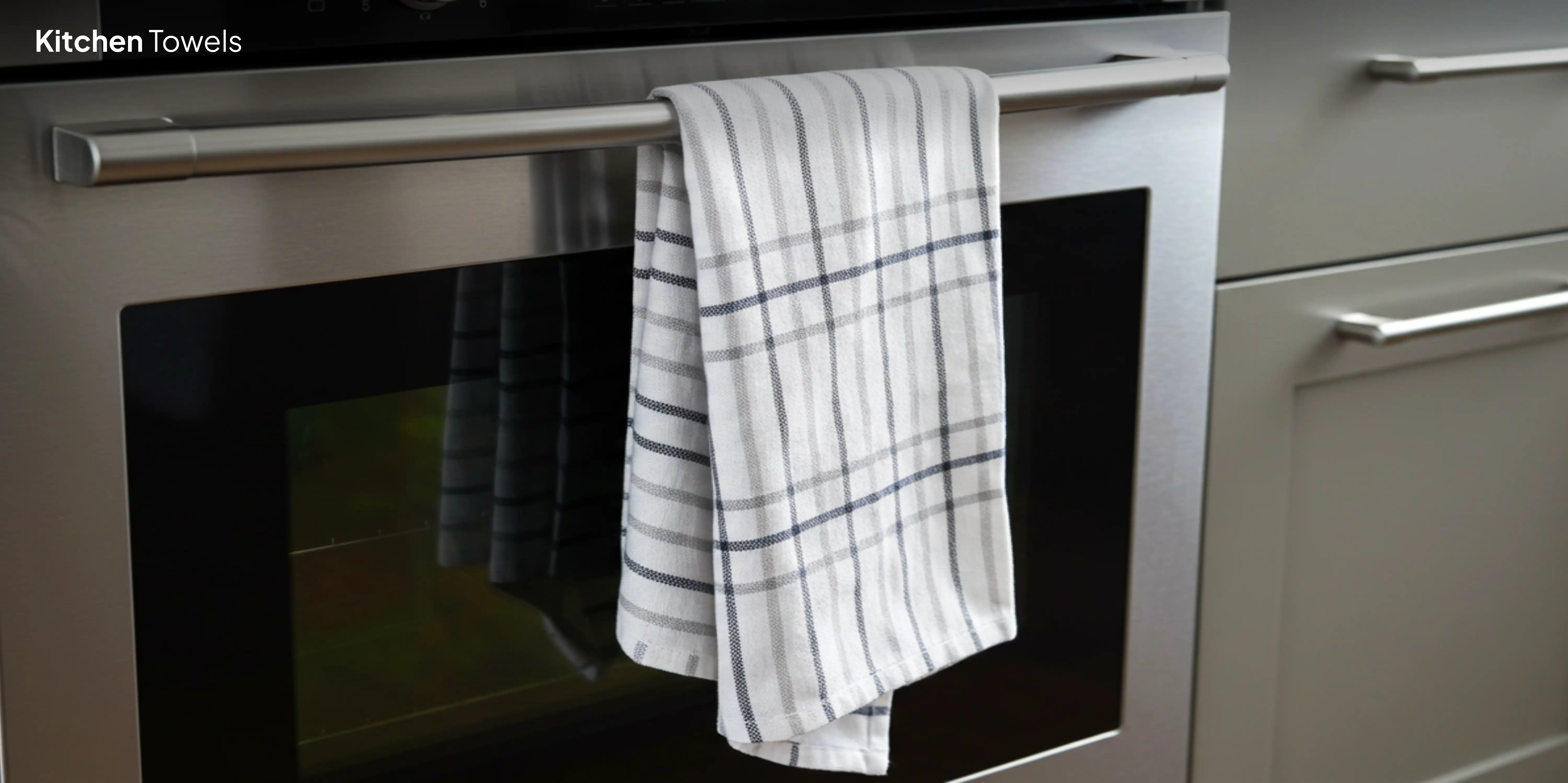 White kitchen towel with blue stripes.